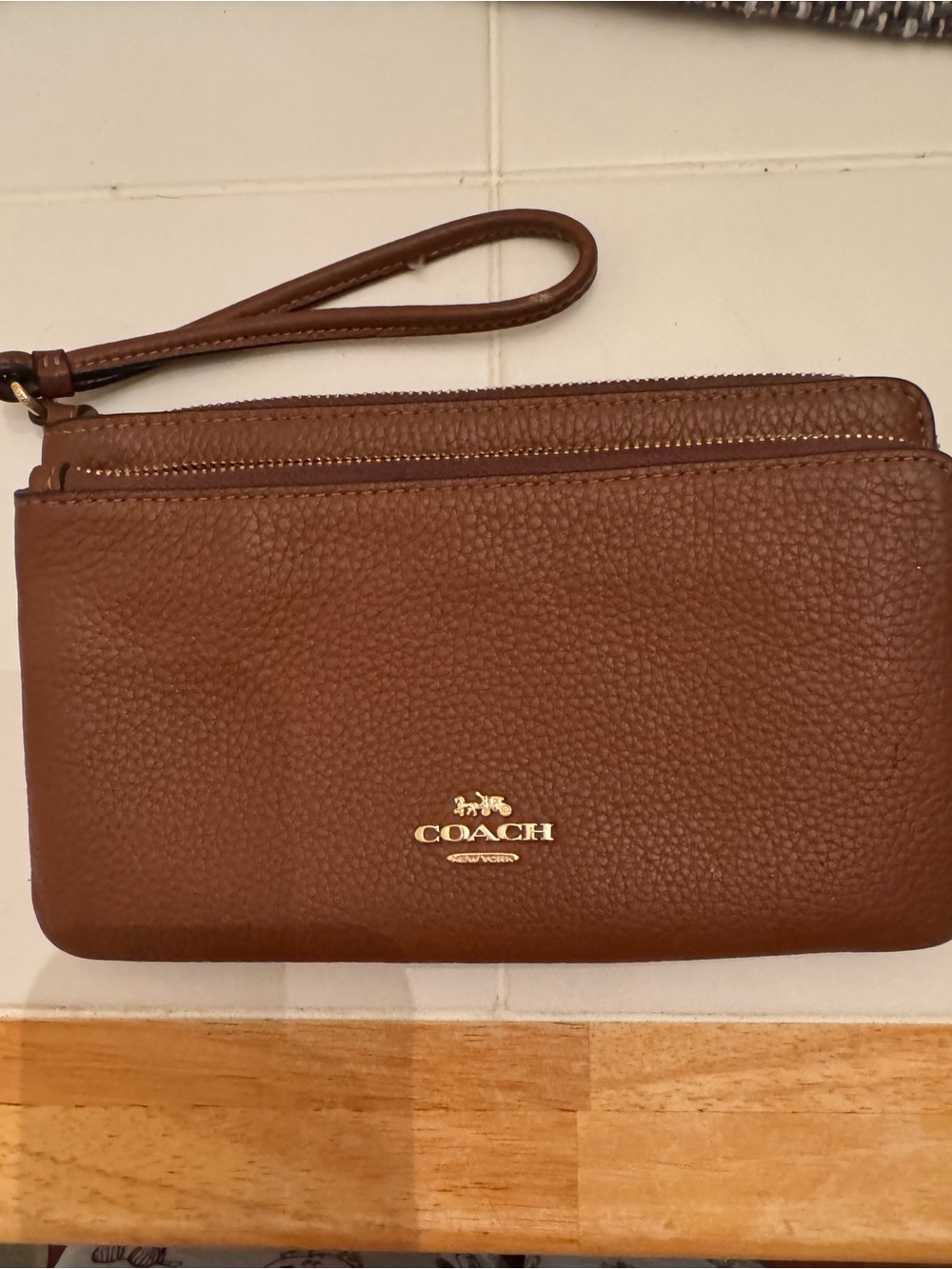 Coach Brown Pebbled Leather Double Zip Wristlet